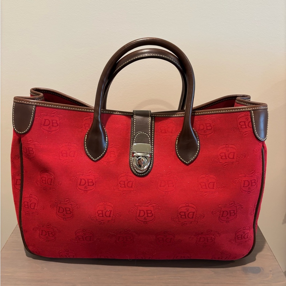 Dooney & Bourke Red/Brown Tote Vintage w/matching coin purse and glasses case
